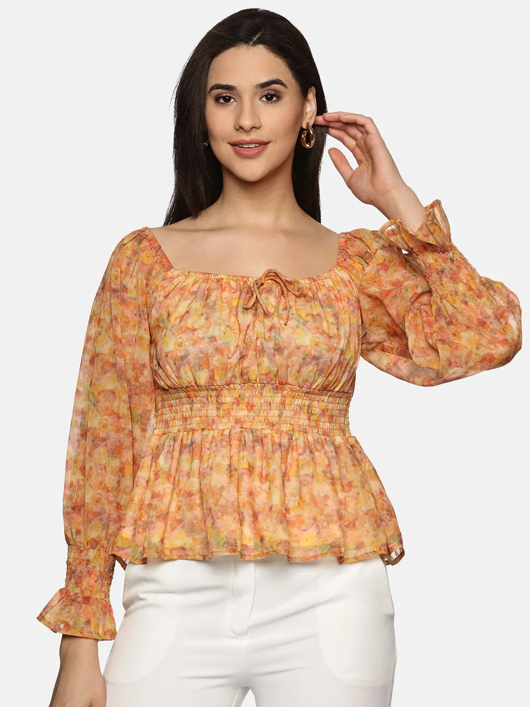 IS.U Floral Orange Smocked Peplum Top