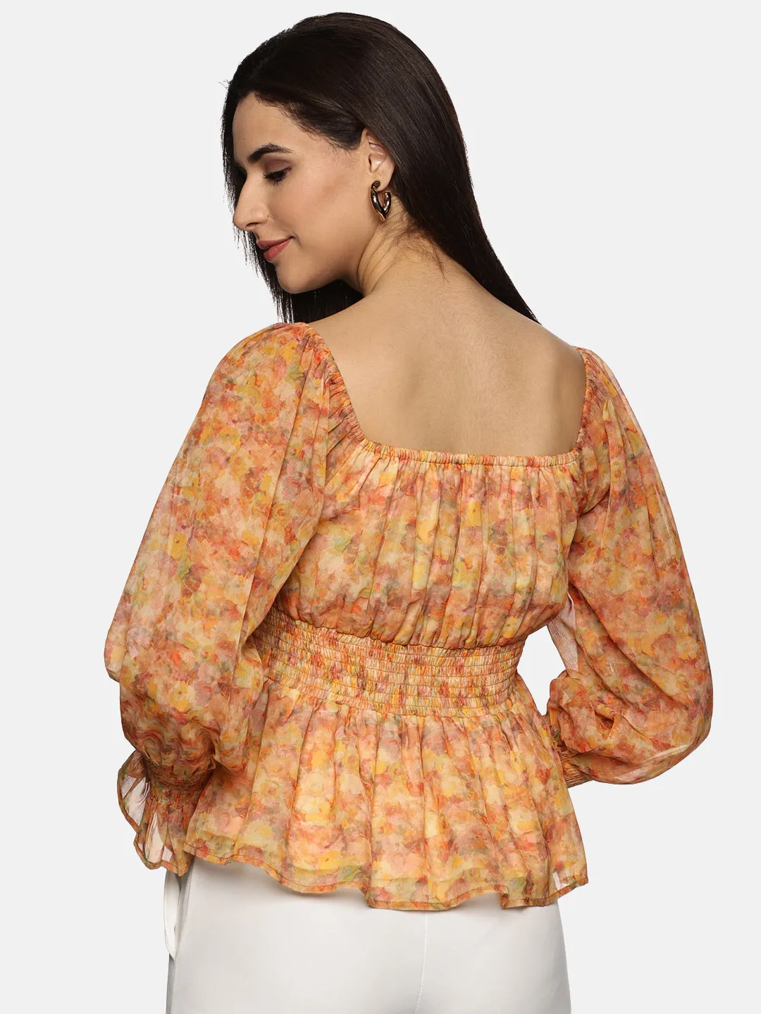 IS.U Floral Orange Smocked Peplum Top