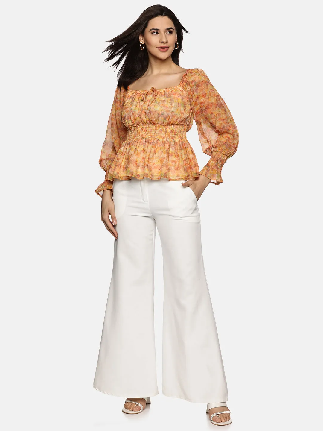 IS.U Floral Orange Smocked Peplum Top