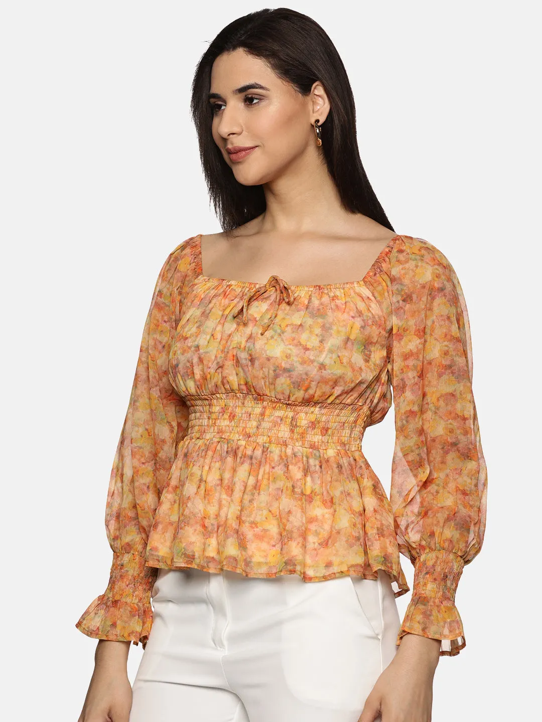 IS.U Floral Orange Smocked Peplum Top