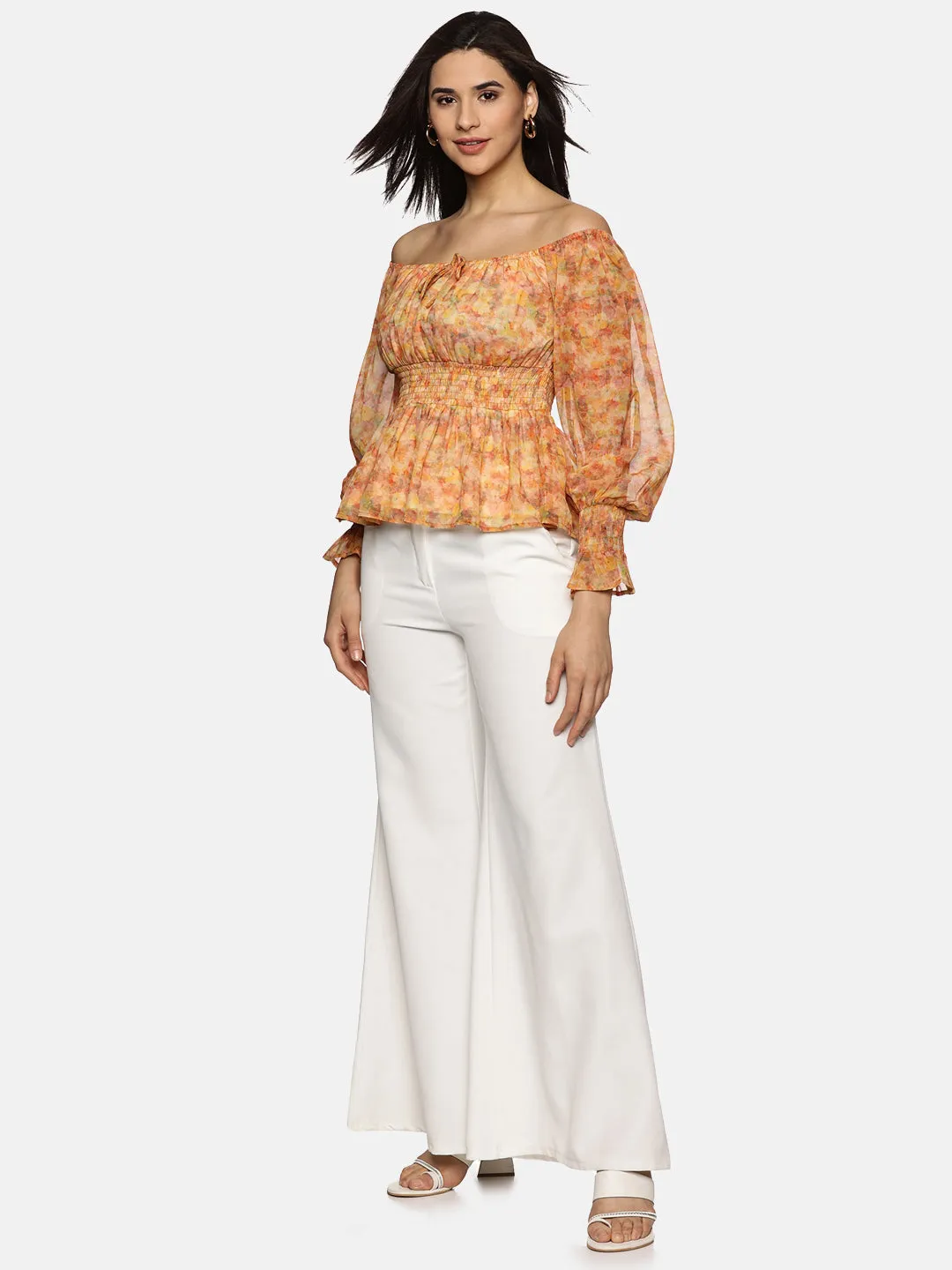 IS.U Floral Orange Smocked Peplum Top