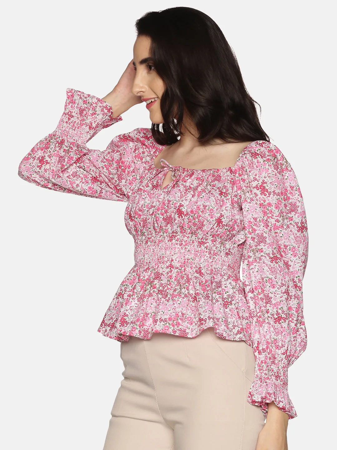 IS.U Floral Smocked Balloon Sleeve Top