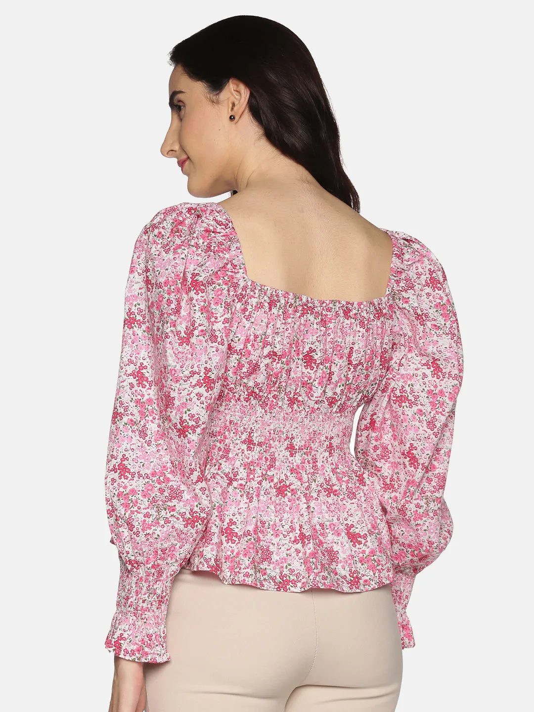 IS.U Floral Smocked Balloon Sleeve Top