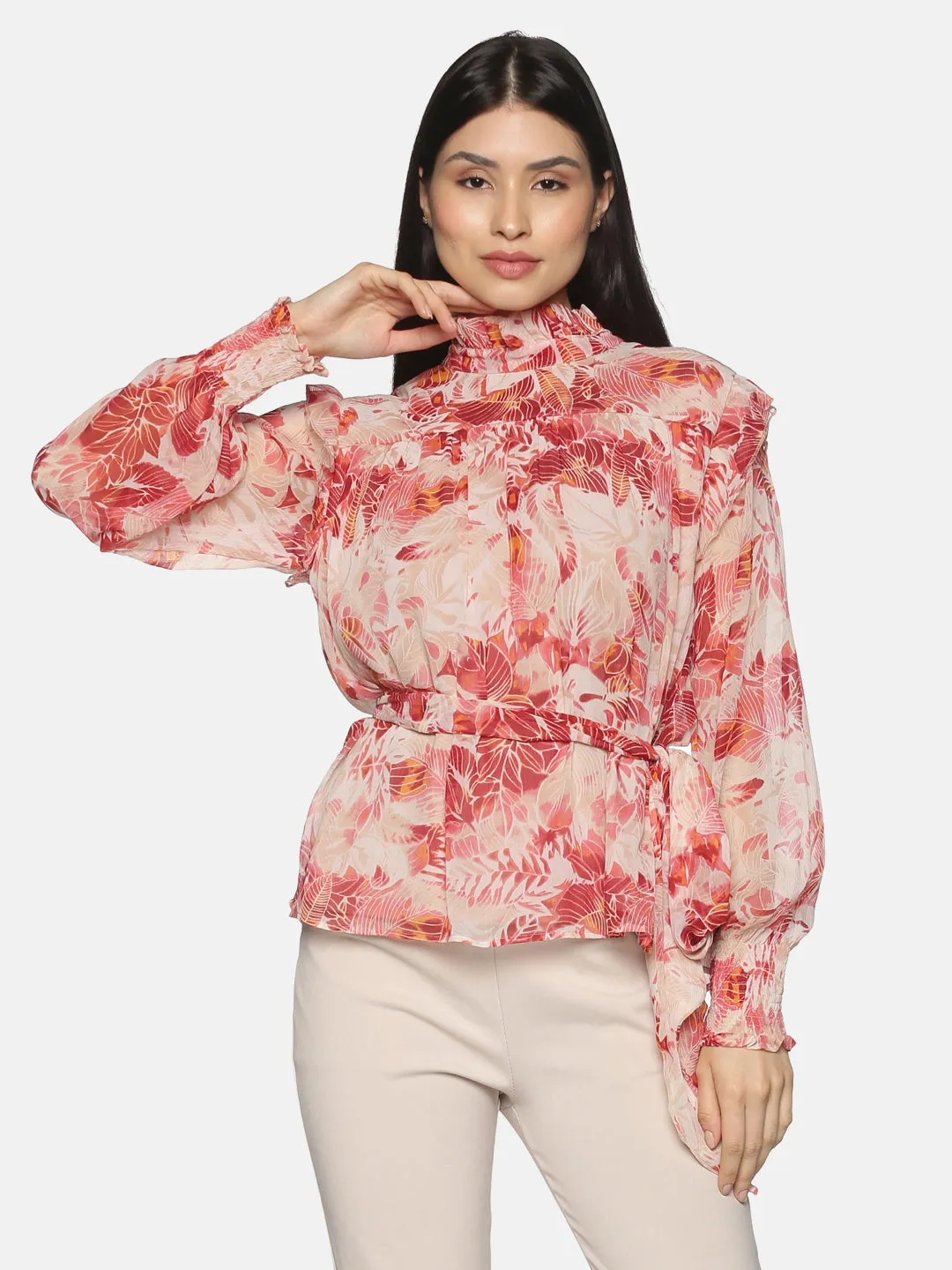 IS.U Red Long Sleeve Belted Swing Top