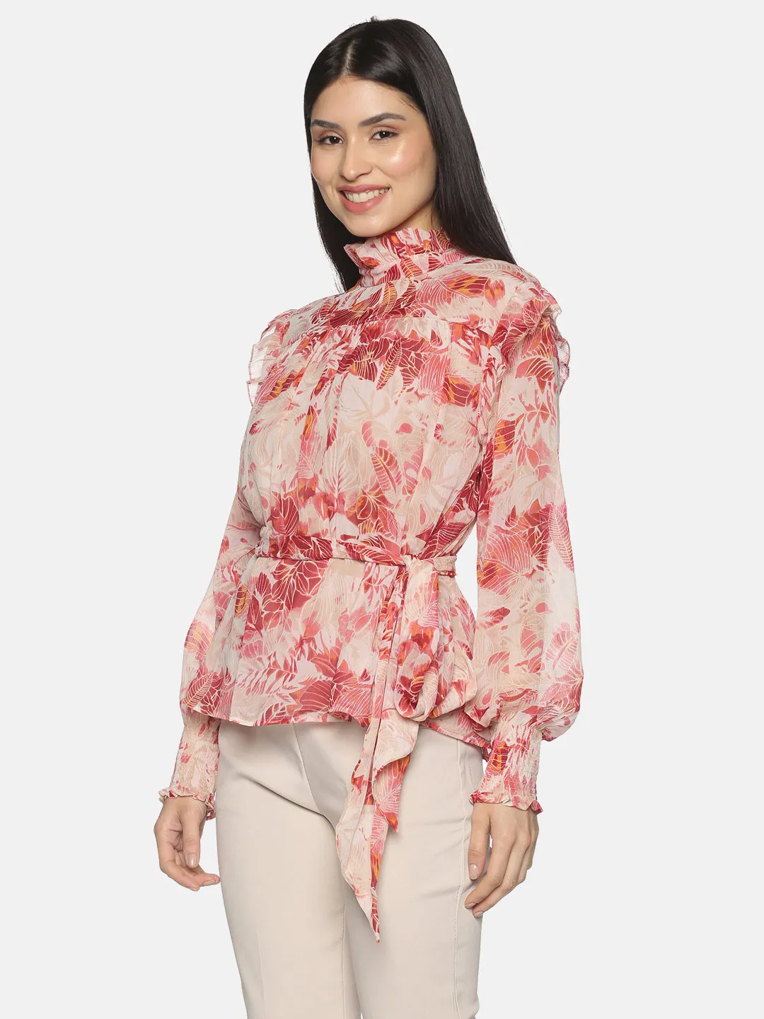 IS.U Red Long Sleeve Belted Swing Top