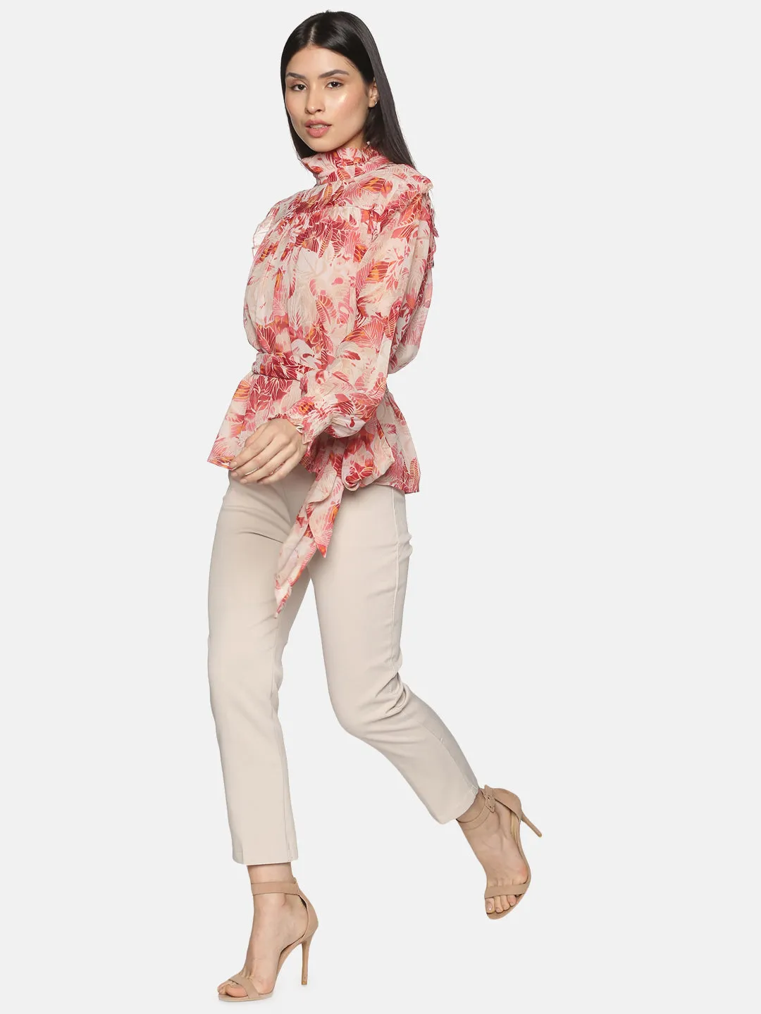 IS.U Red Long Sleeve Belted Swing Top