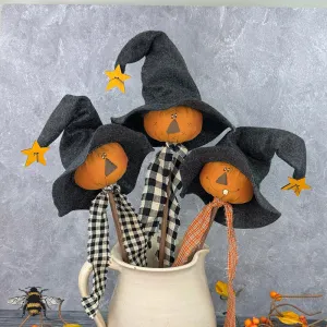 Jack-O-Lantern Witch Head Wand Set (3A) - Primitive Textile Art: Whimsical Soft Sculpture Pumpkin Collectible by Honey and Me, Inc™