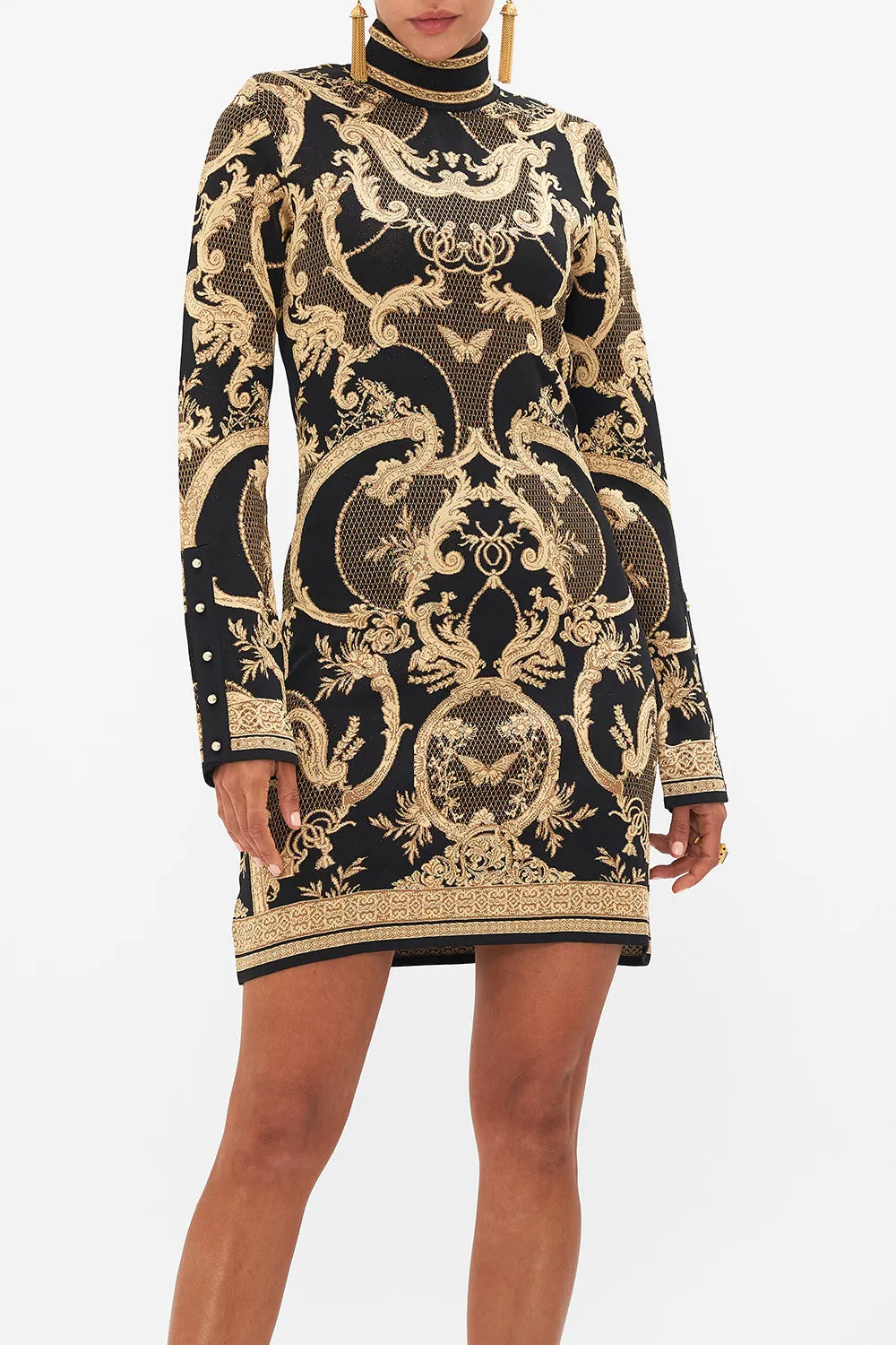 JACQUARD TURTLE NECK SHORT KNIT DRESS MAGIC IN THE MANUSCRIPTS