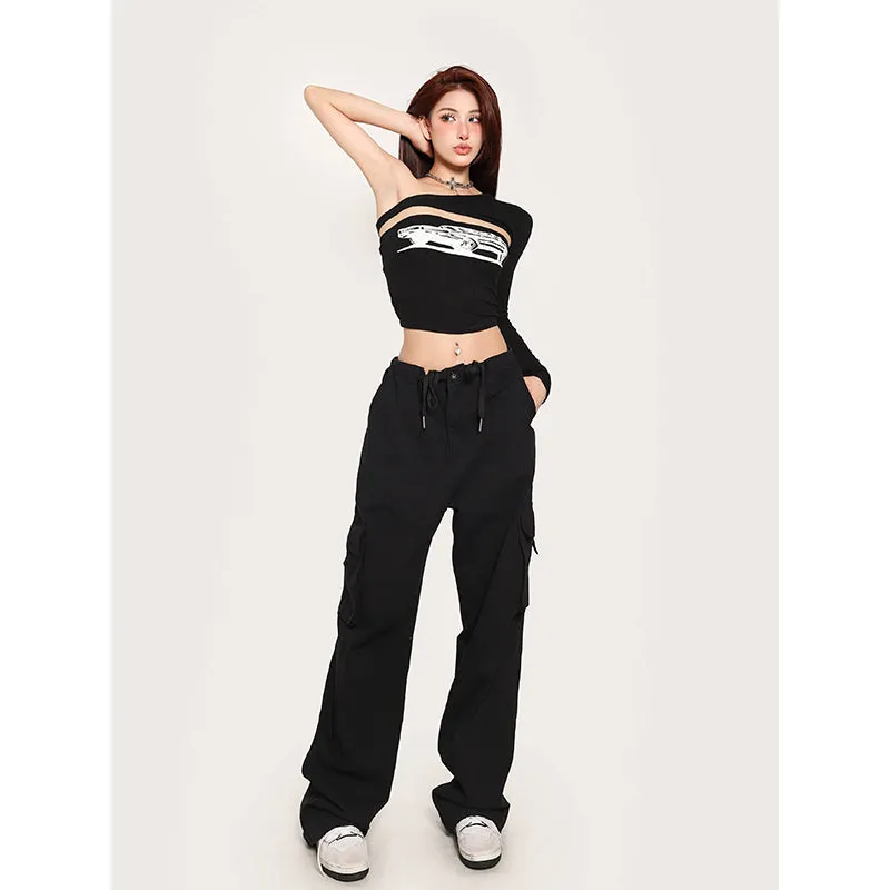 Janet Fast Car Graphic Image Print Cut-Out One Long Sleeve Slim Cropped Top