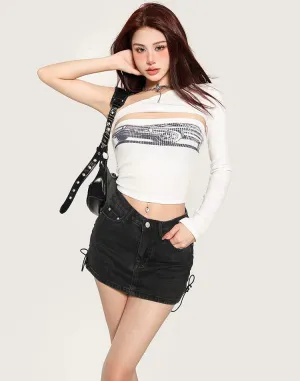 Janet Fast Car Graphic Image Print Cut-Out One Long Sleeve Slim Cropped Top
