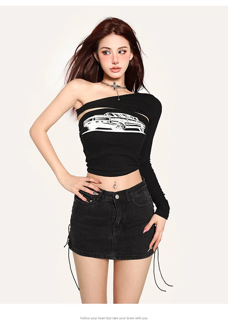 Janet Fast Car Graphic Image Print Cut-Out One Long Sleeve Slim Cropped Top