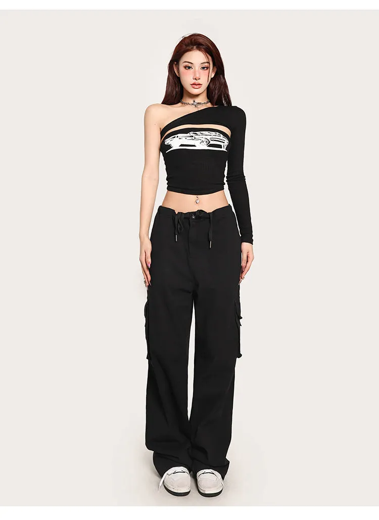 Janet Fast Car Graphic Image Print Cut-Out One Long Sleeve Slim Cropped Top