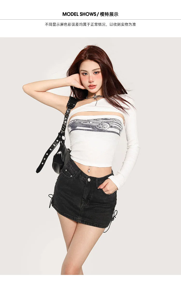 Janet Fast Car Graphic Image Print Cut-Out One Long Sleeve Slim Cropped Top