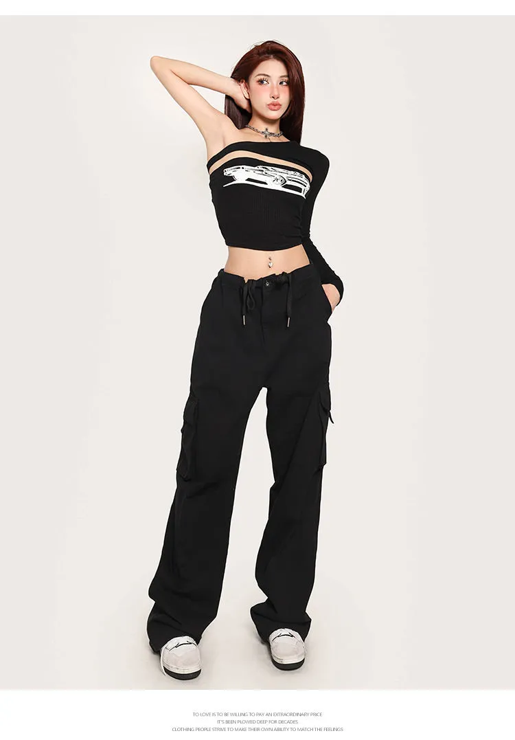 Janet Fast Car Graphic Image Print Cut-Out One Long Sleeve Slim Cropped Top