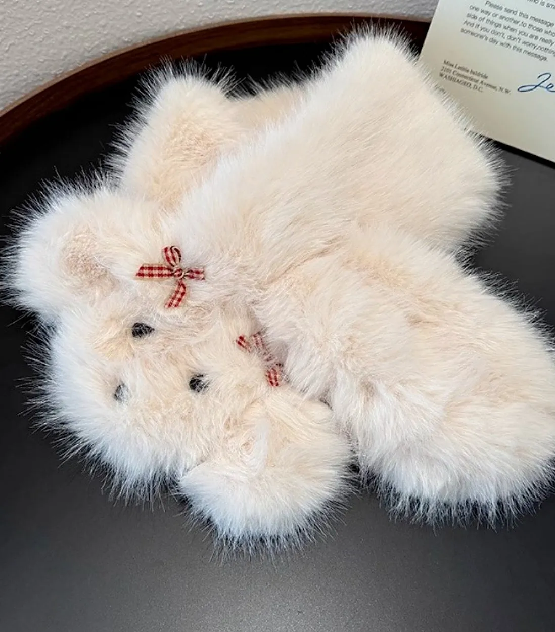 JCH903337 Plush Cross-Front Puppy Face Scarf with Adorable Bows