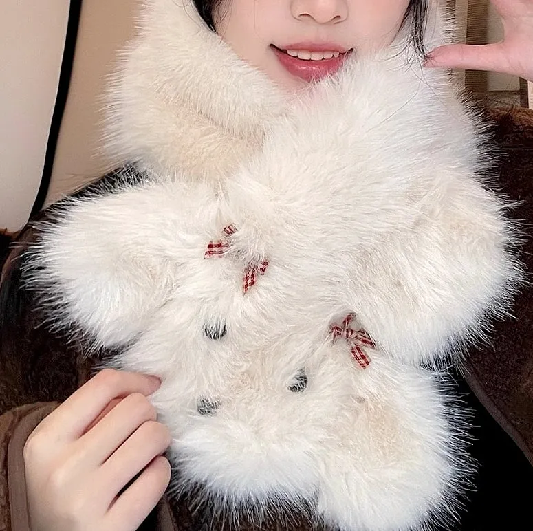 JCH903337 Plush Cross-Front Puppy Face Scarf with Adorable Bows