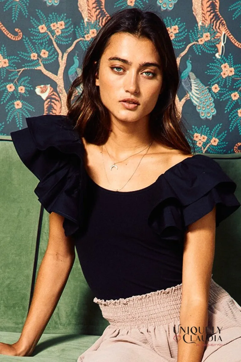 Julianna Ruffle Cap Sleeve Scoop Neckline Top