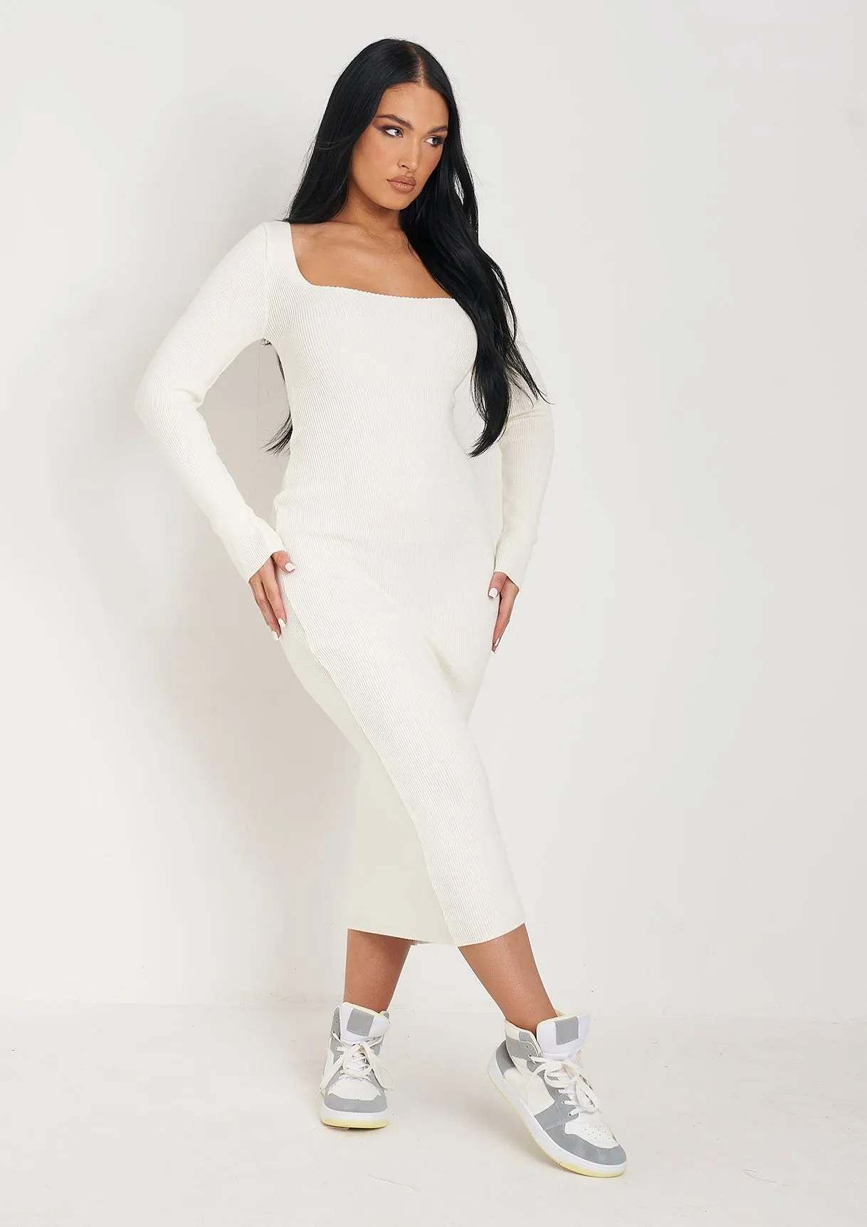 Kim Cream Knit Square Neck Long Sleeve Midi Dress