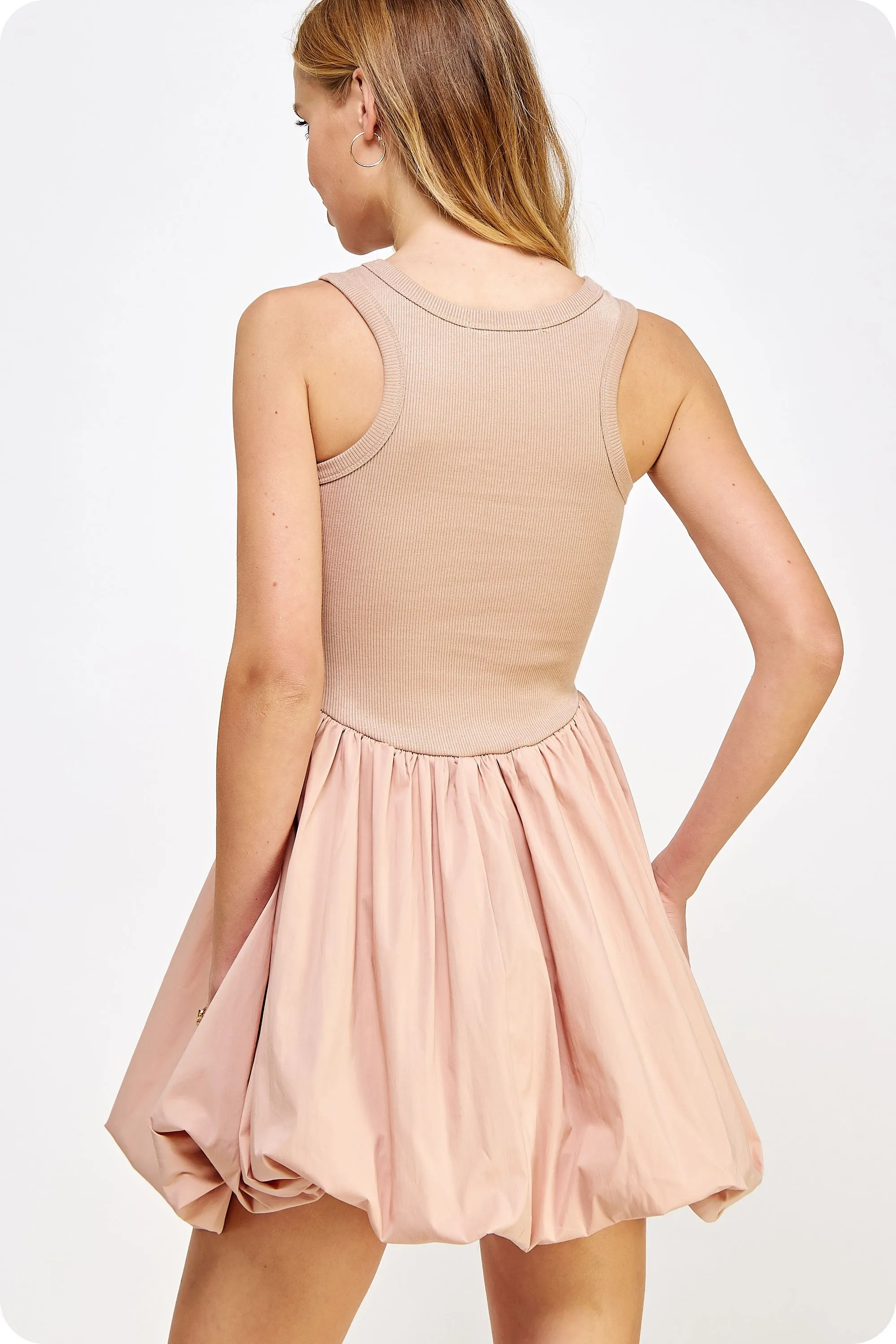 Knit Contrast Balloon Poplin Mini Dress, Mauve