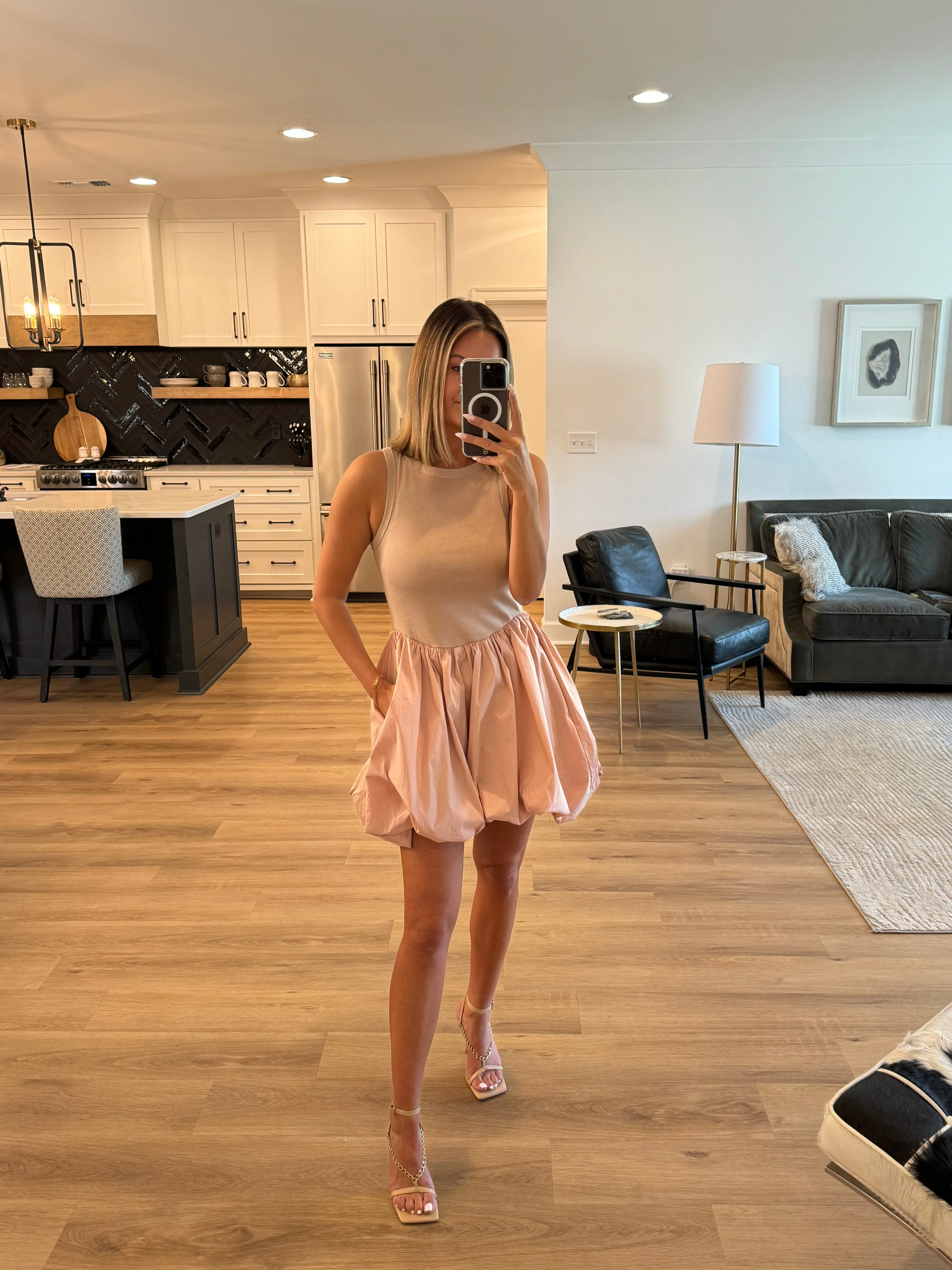 Knit Contrast Balloon Poplin Mini Dress, Mauve