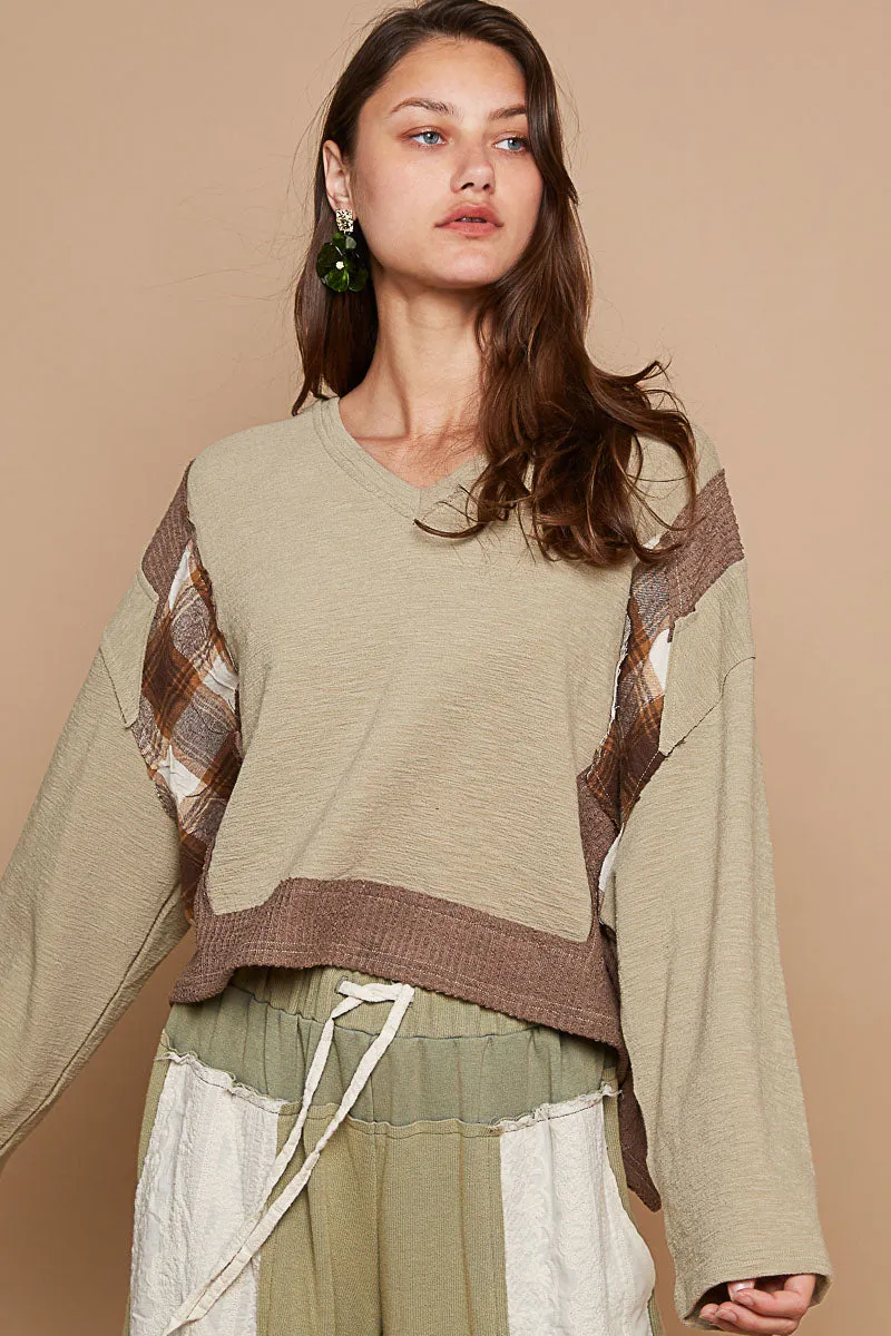 Knit with Plaid V-Neck Top #384