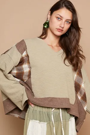 Knit with Plaid V-Neck Top #384