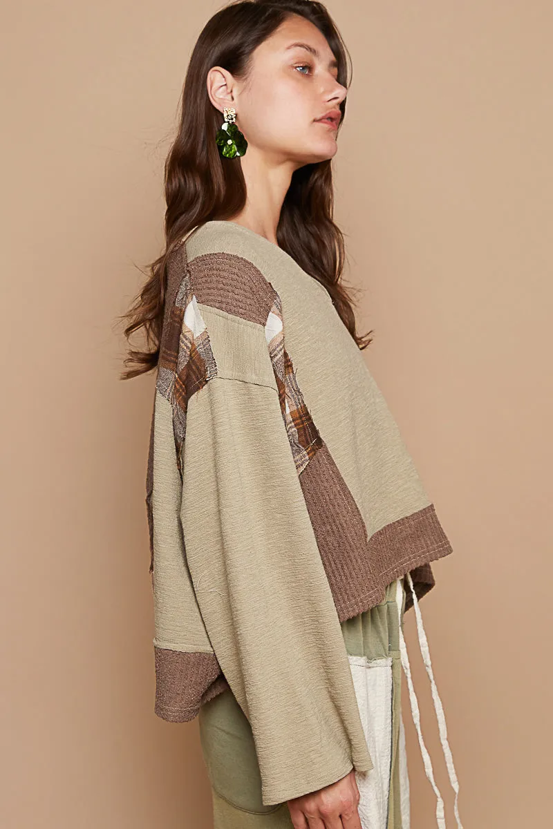 Knit with Plaid V-Neck Top #384