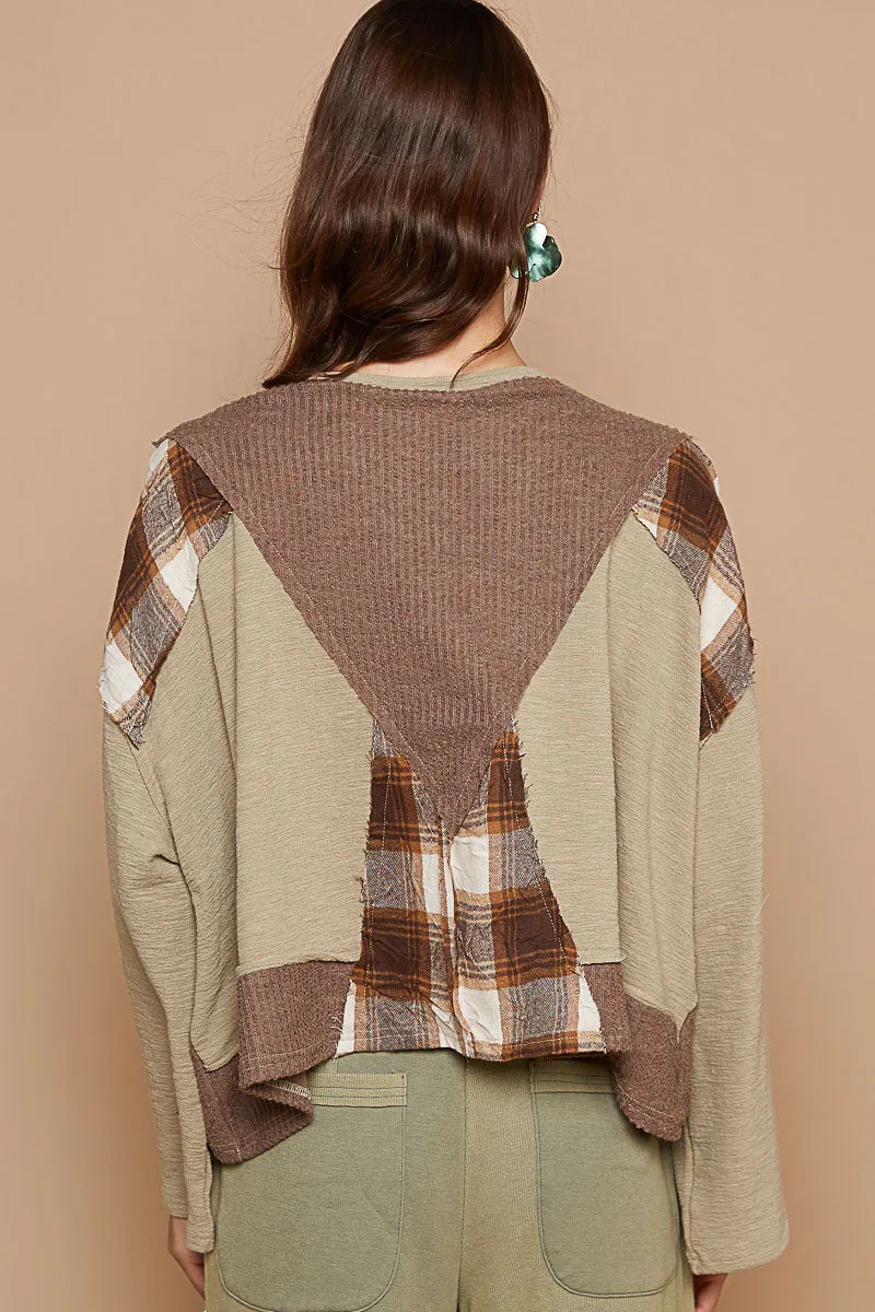 Knit with Plaid V-Neck Top #384