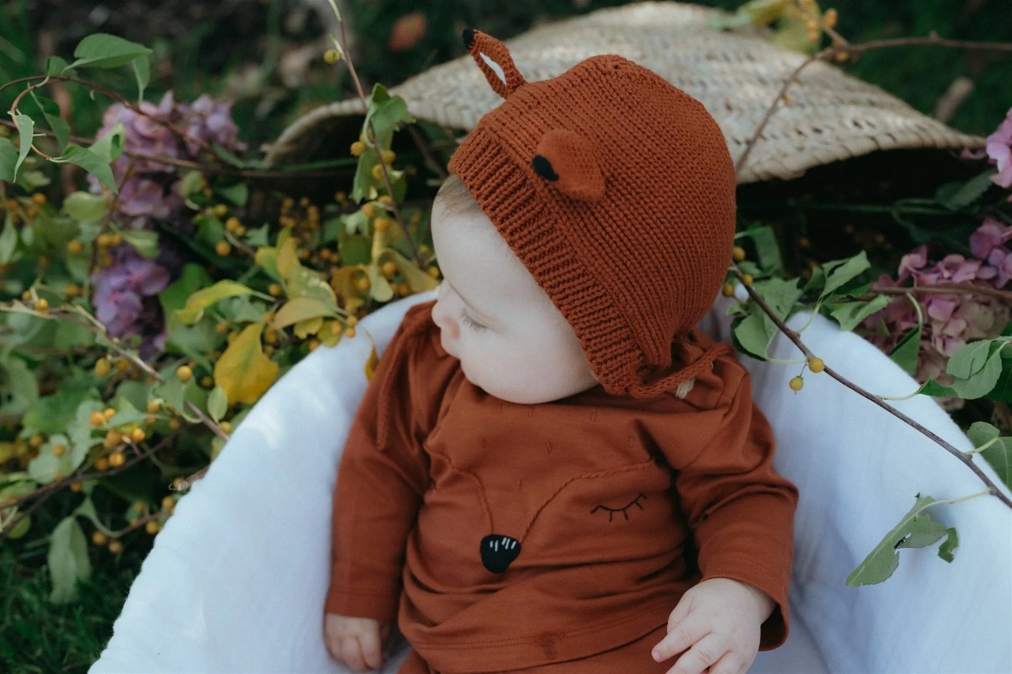 Knitted Fox Bonnet - Rust