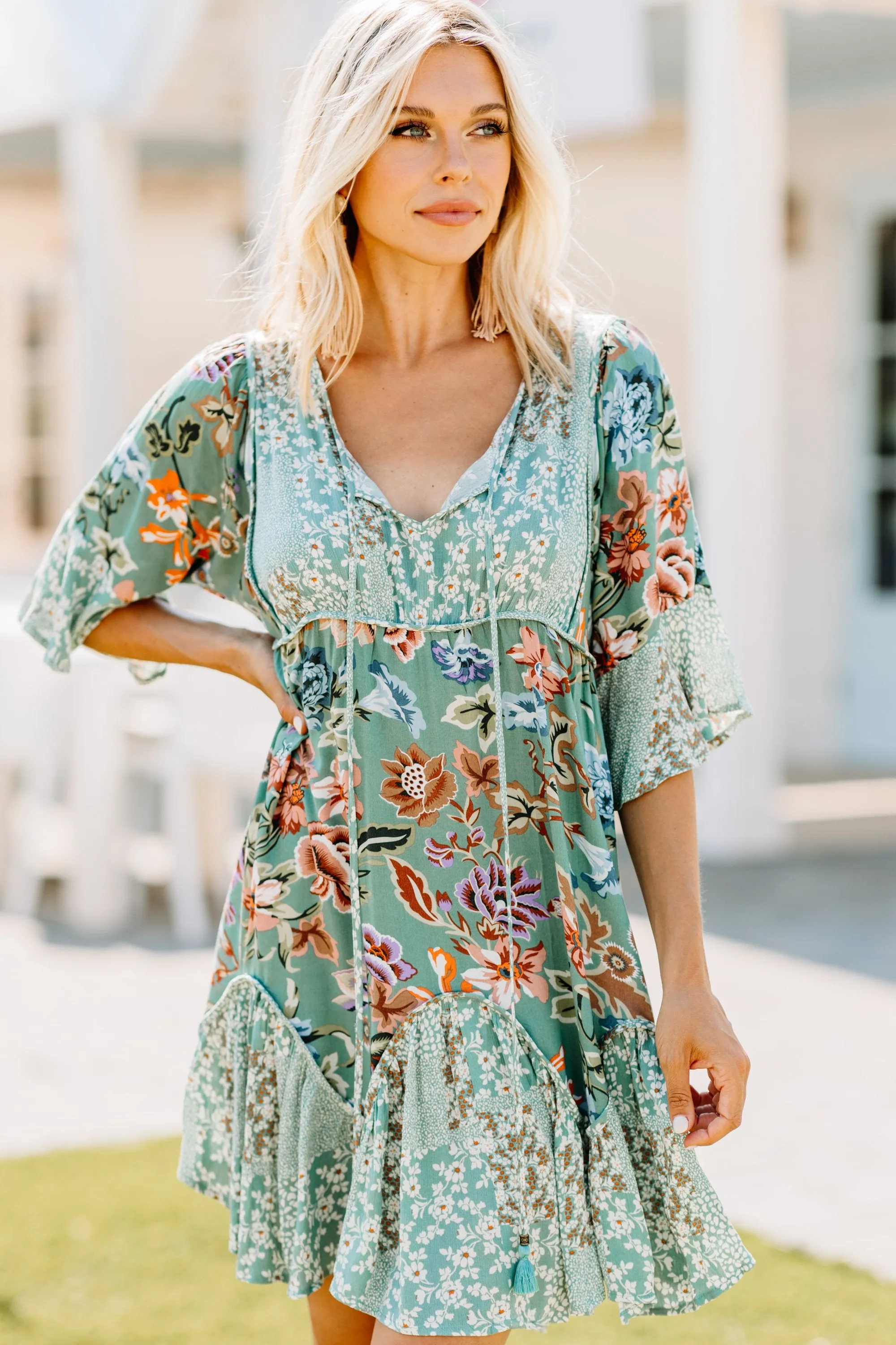 Know Your Way Seafoam Green Mixed Floral Dress