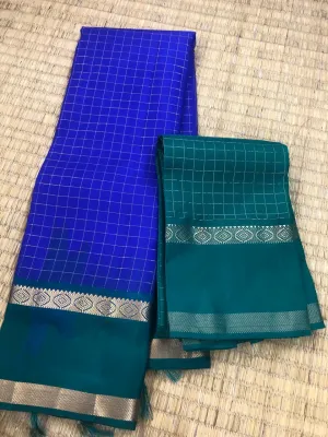 KSS310 Pure Kanjivaram Checkered Silk Saree In Blue w/ Gap Border. Fall Peco done. Stitched blouse size: 38 to 46. SILK MARK CERTIFIED