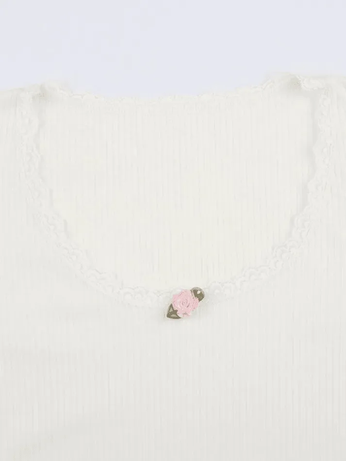 Lace Trim White Ribbed Knit Top