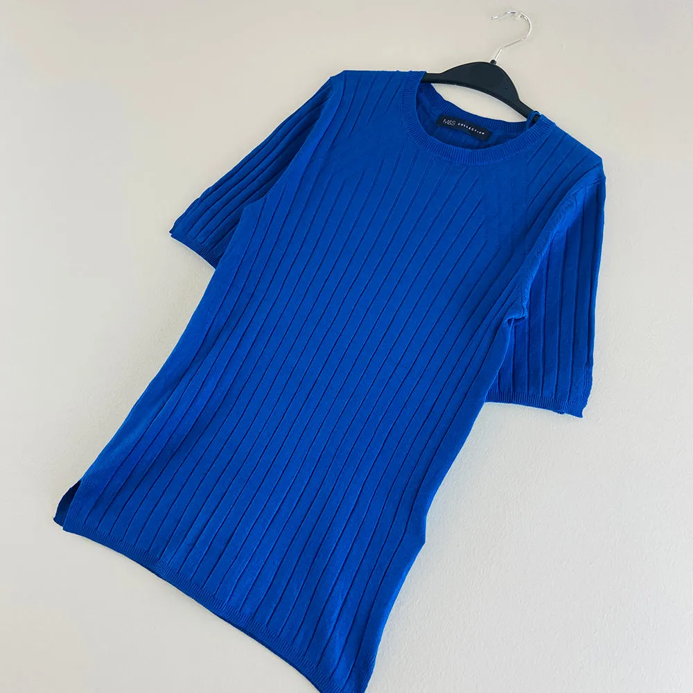 Ladies Short Sleeve Ribbed Knit Sweater Jumper