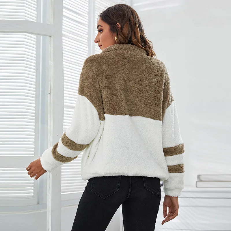 Lapel Zipper Stitching Contrast Color Plush Sweater Wholesale
