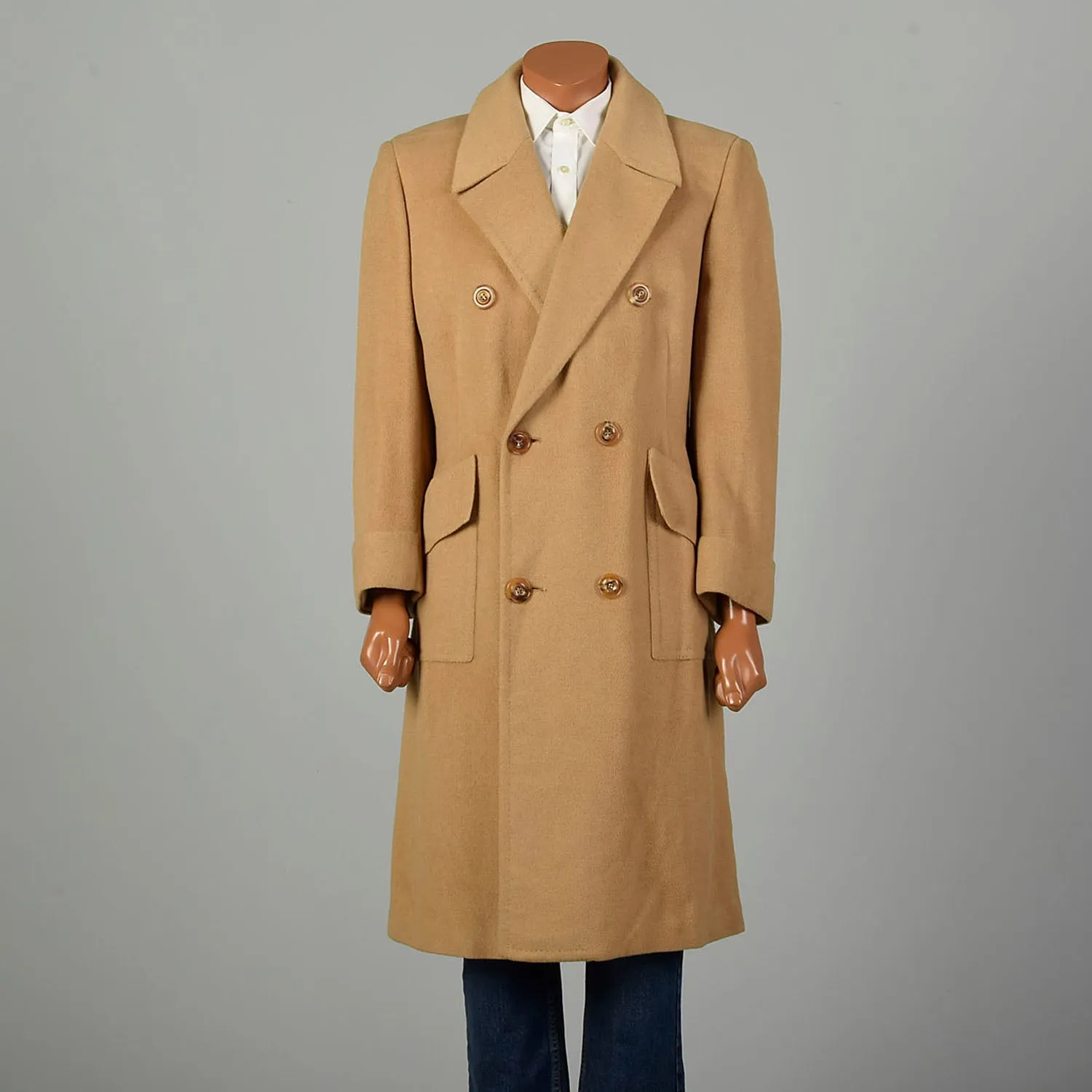 Large 1970s Coat Double Breasted Tan Winter Overcoat