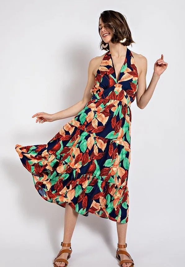 Leaf Print Halter Dress