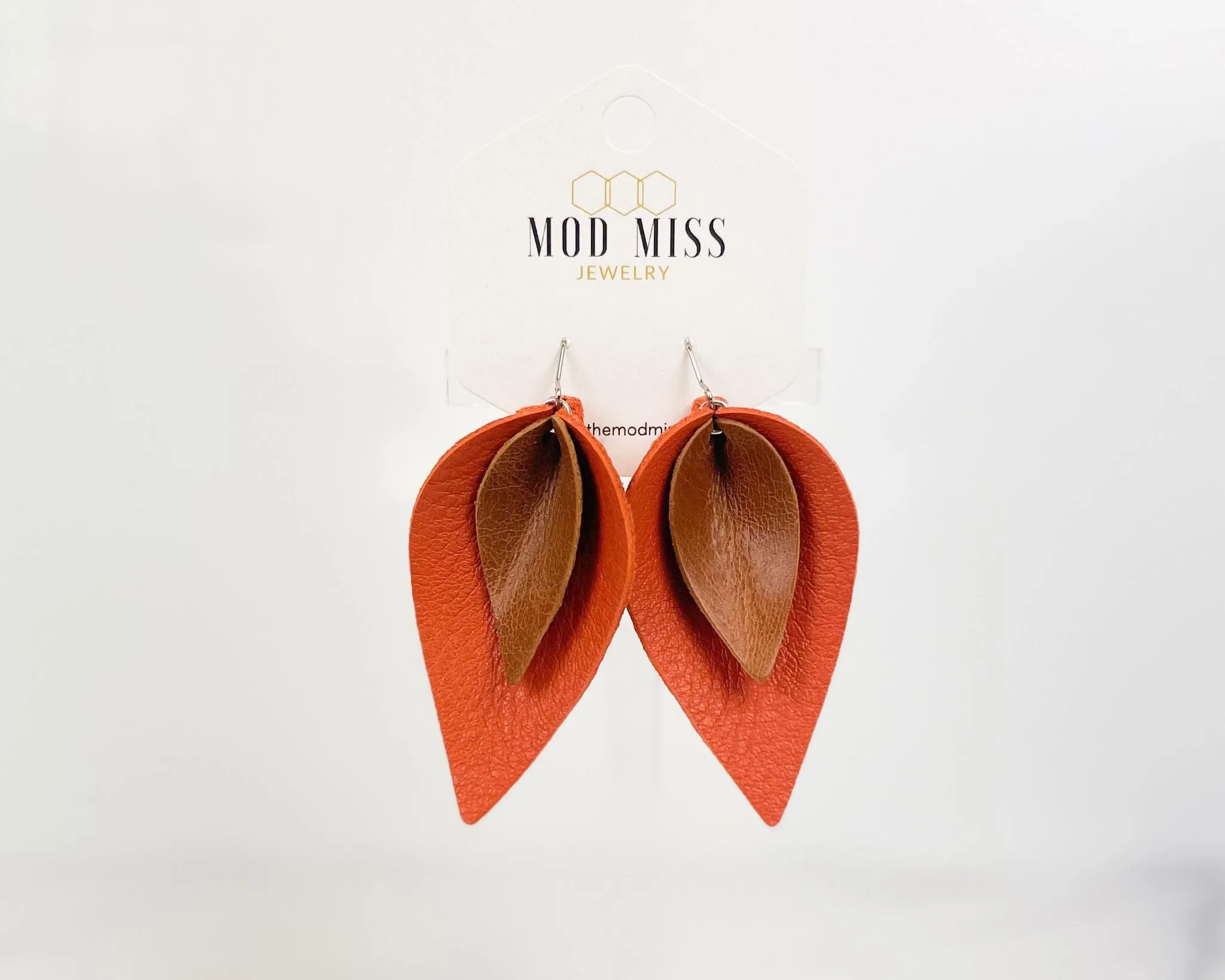 Leather Stacked Petal Earring "Worn Brown Burnt Orange"
