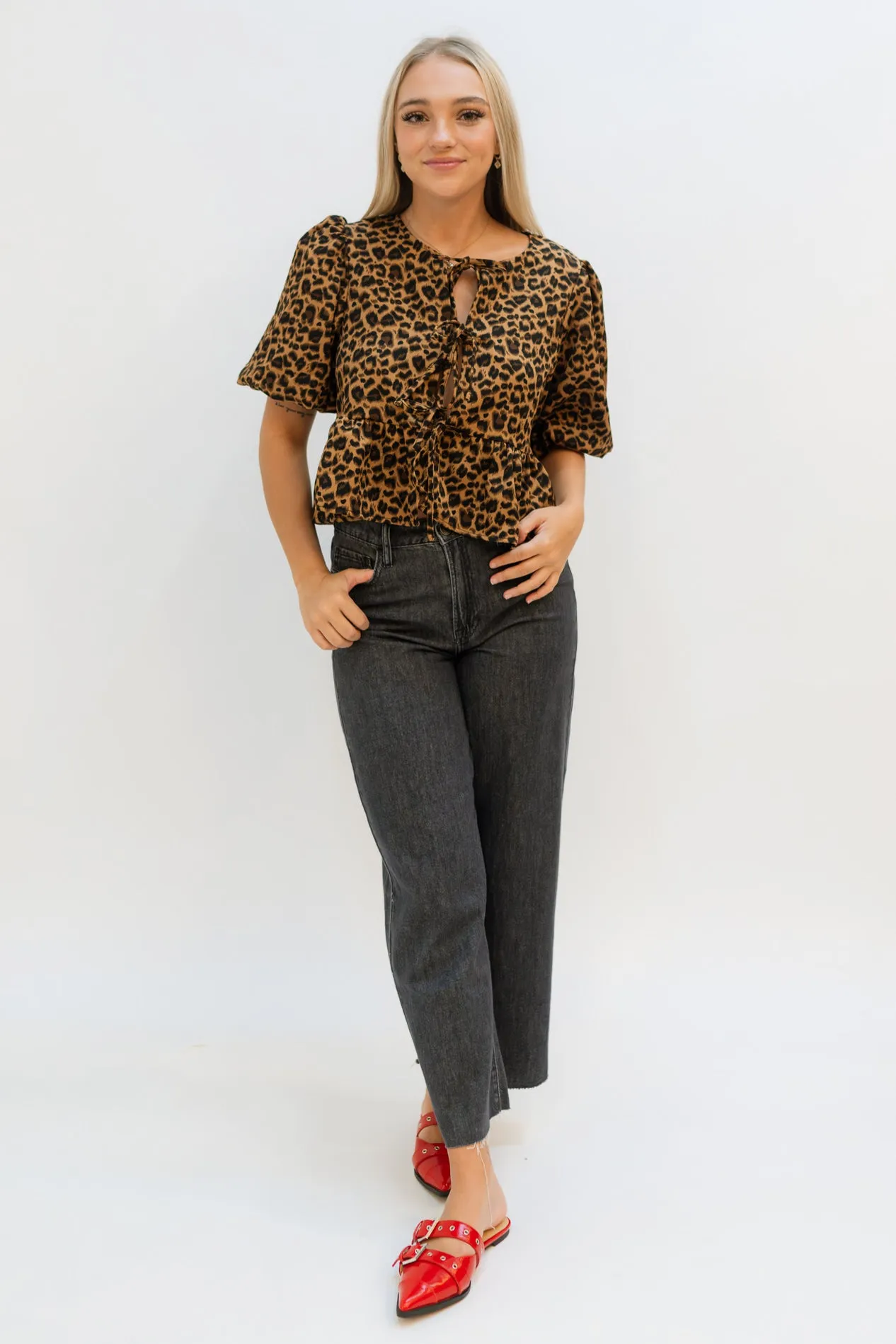 Leopard Front Tie Top