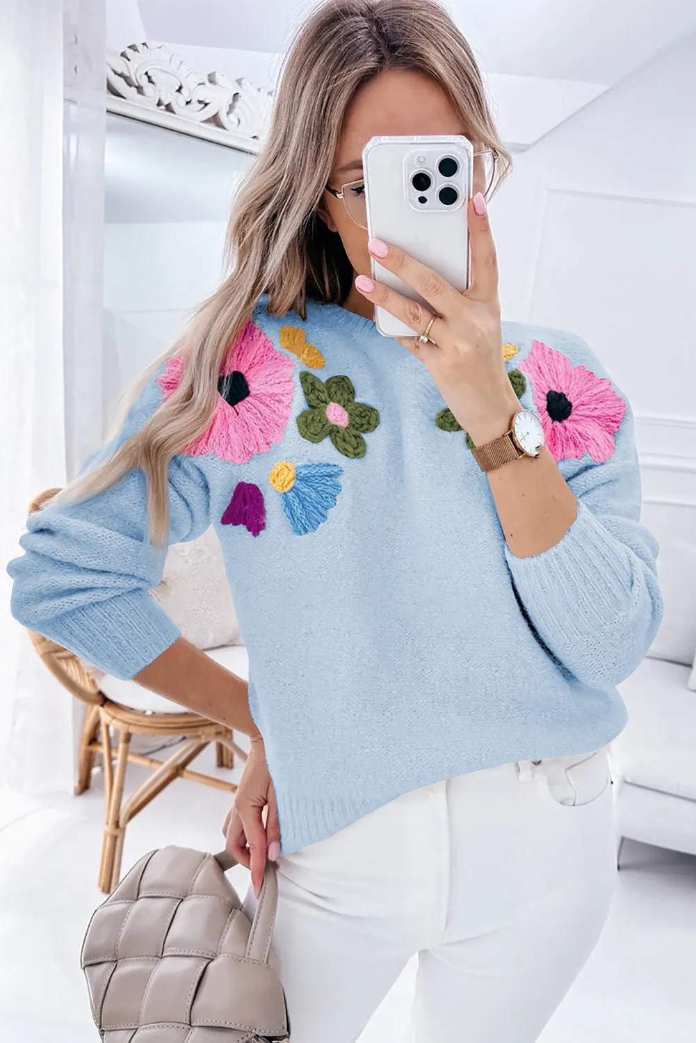 Light Blue Flower Pattern Ribbed Edge Sweater