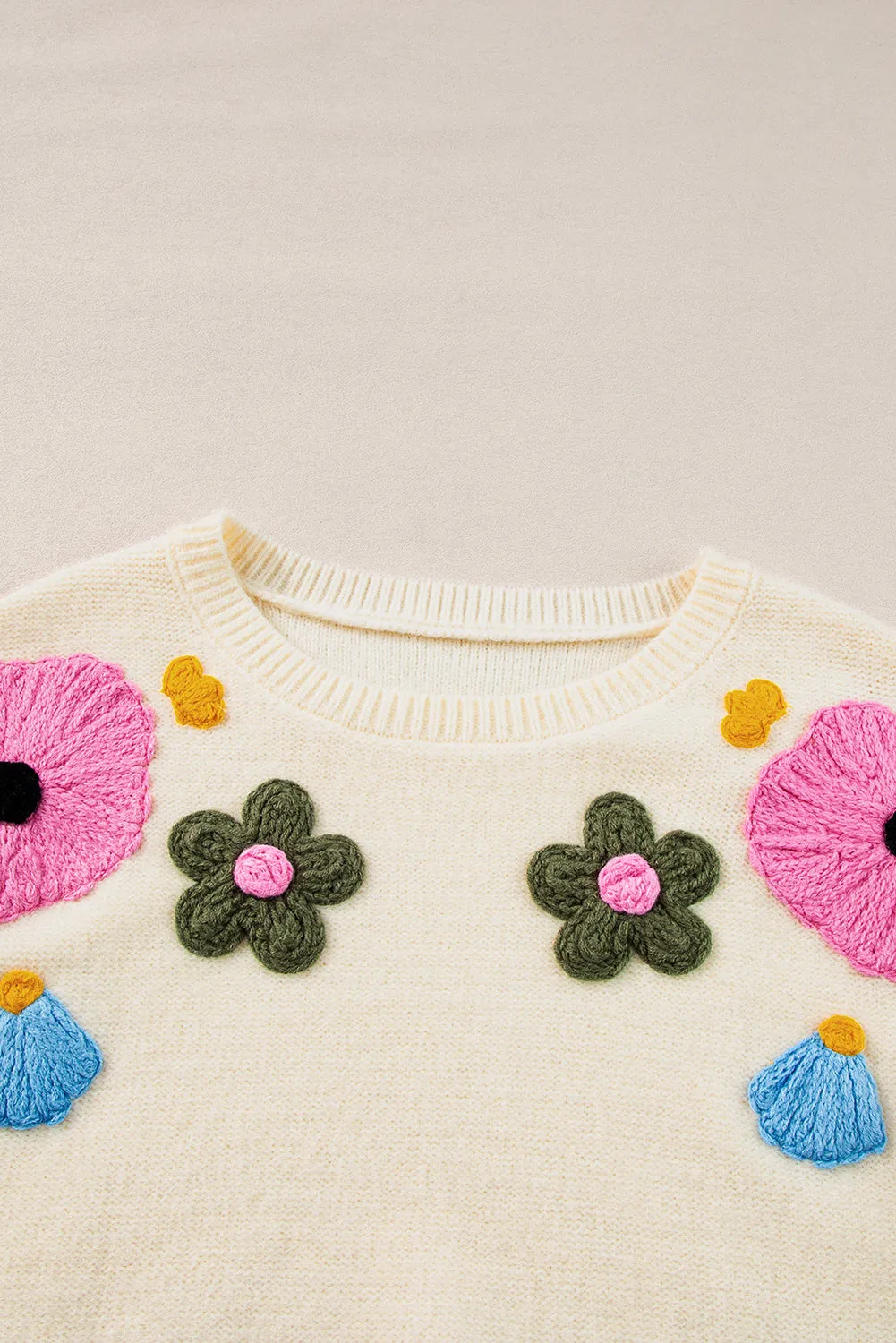 Light Blue Flower Pattern Ribbed Edge Sweater