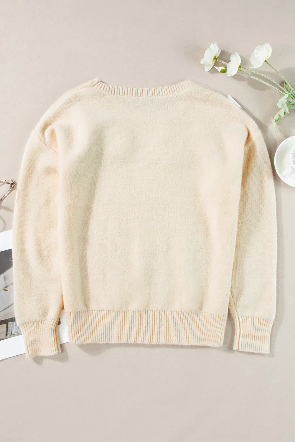Light Blue Flower Pattern Ribbed Edge Sweater