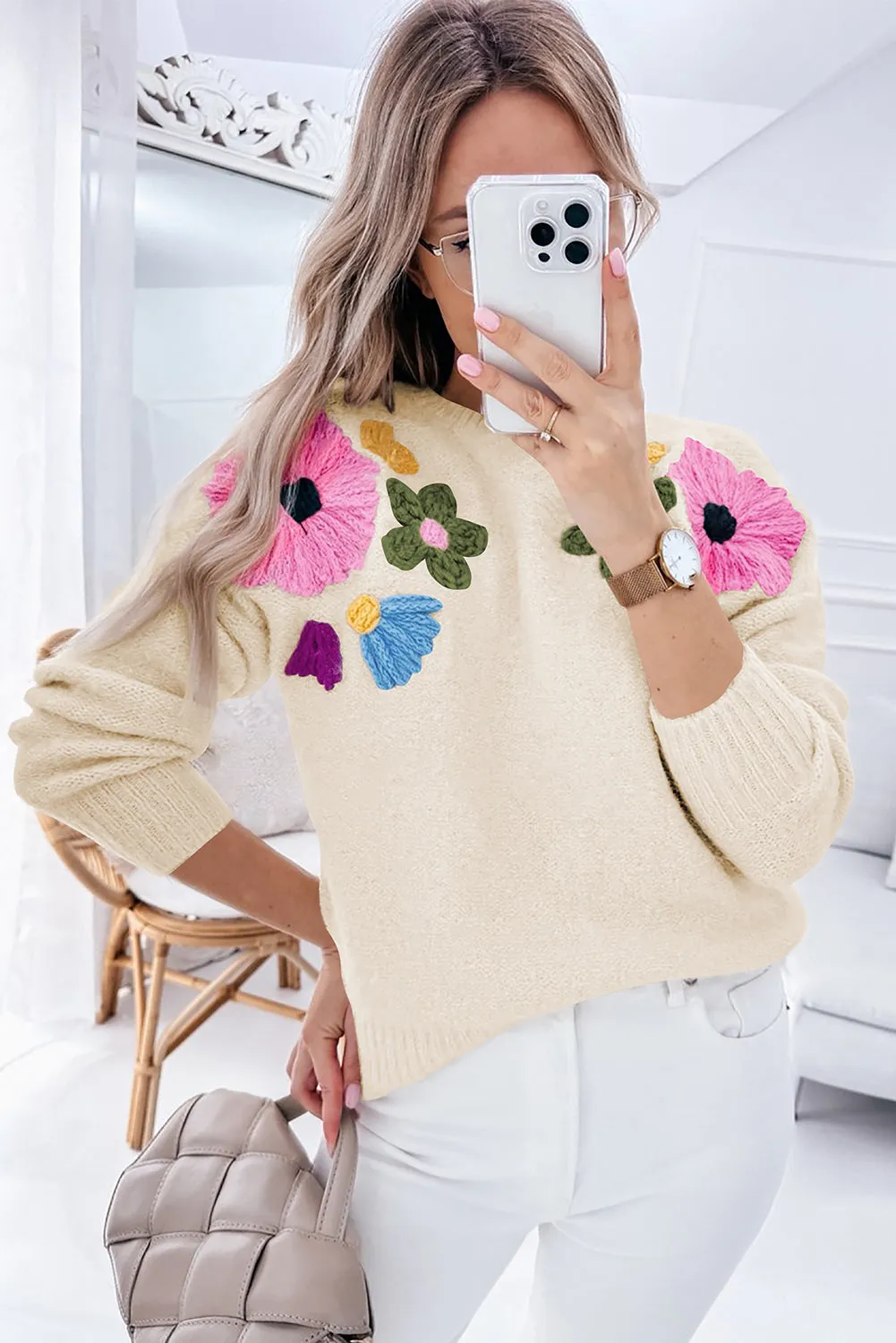 Light Blue Flower Pattern Ribbed Edge Sweater