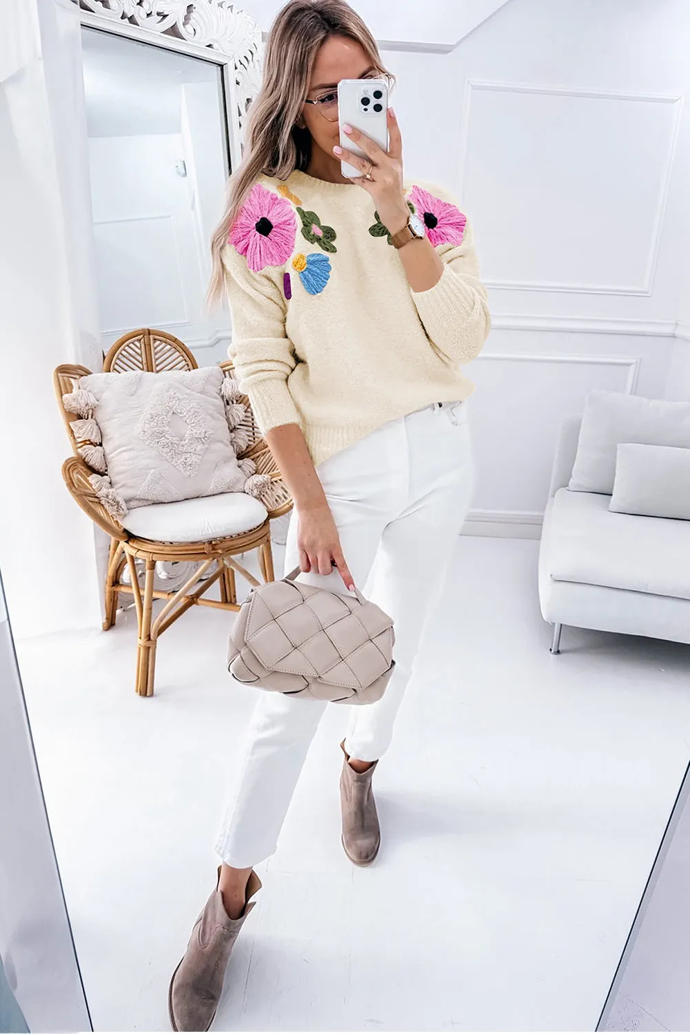 Light Blue Flower Pattern Ribbed Edge Sweater