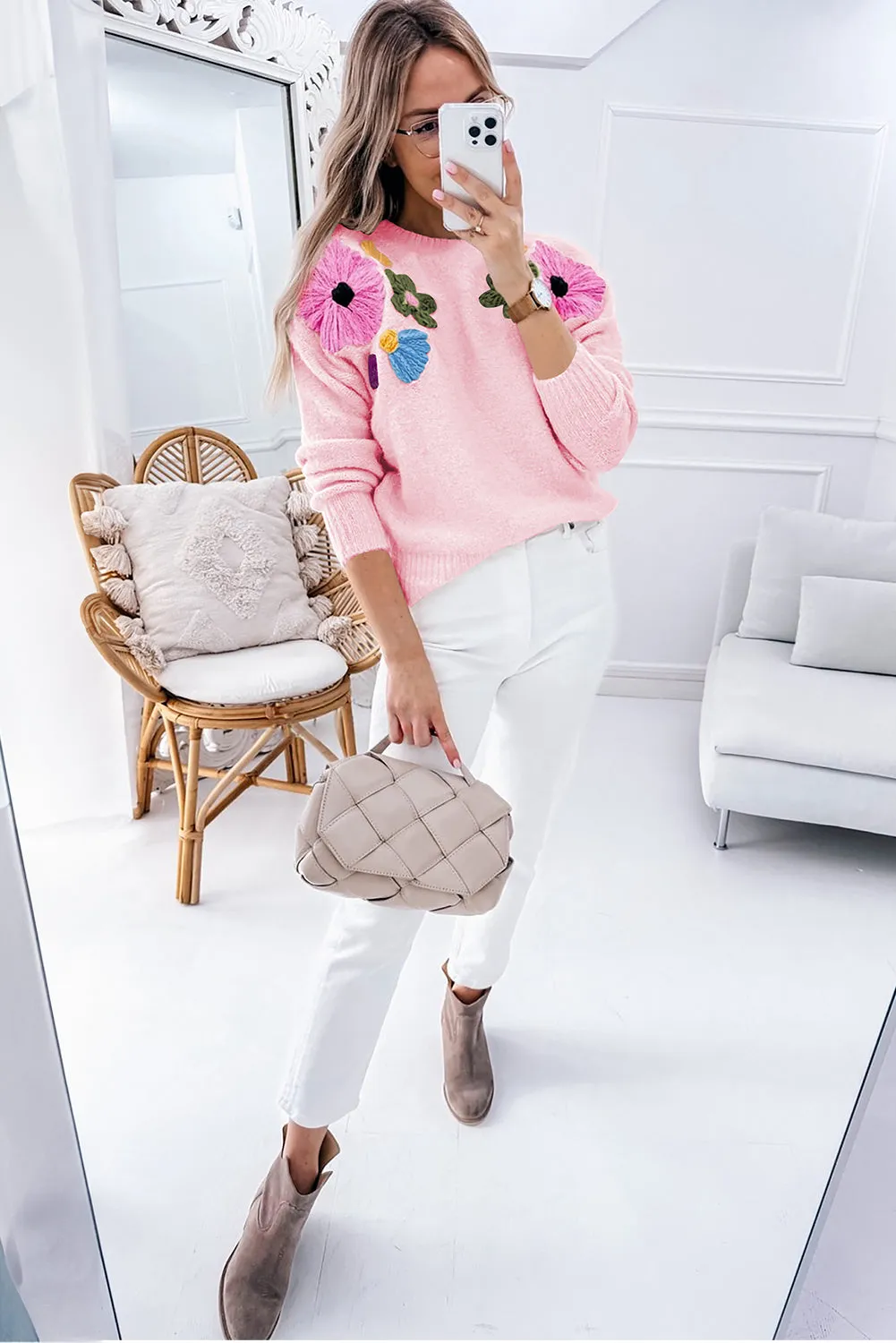 Light Blue Flower Pattern Ribbed Edge Sweater