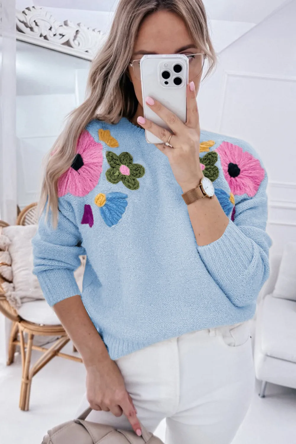 Light Blue Flower Pattern Ribbed Edge Sweater