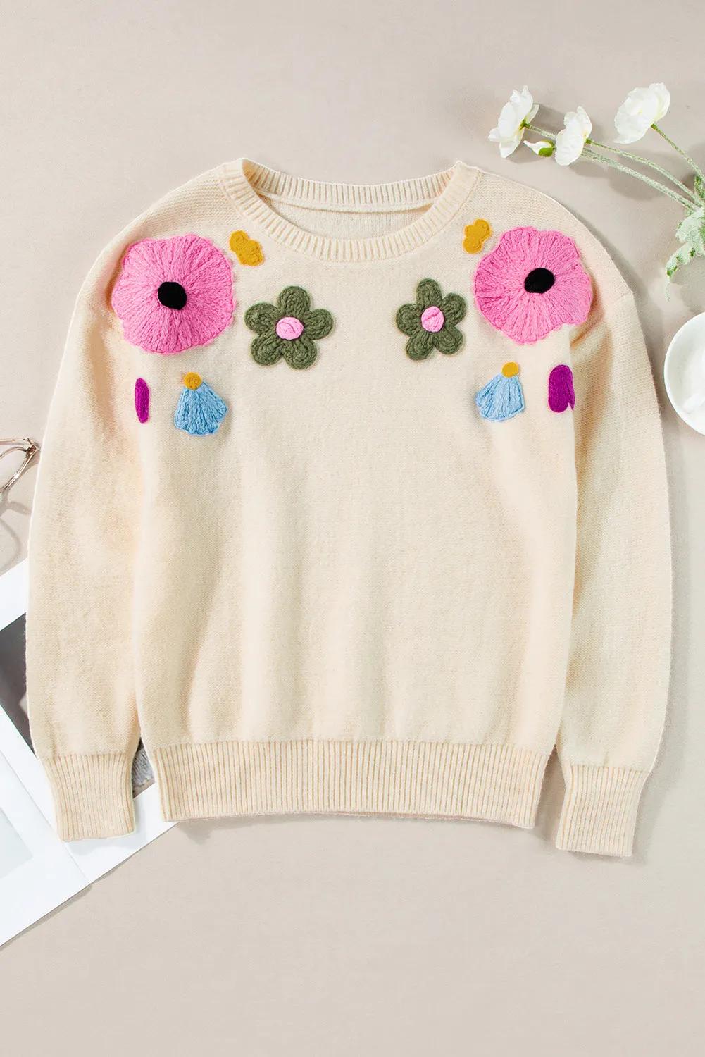Light Blue Flower Pattern Ribbed Edge Sweater