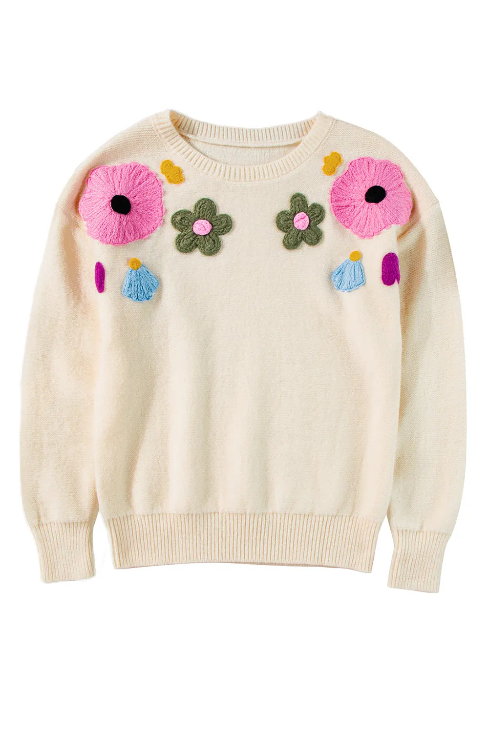 Light Blue Flower Pattern Ribbed Edge Sweater