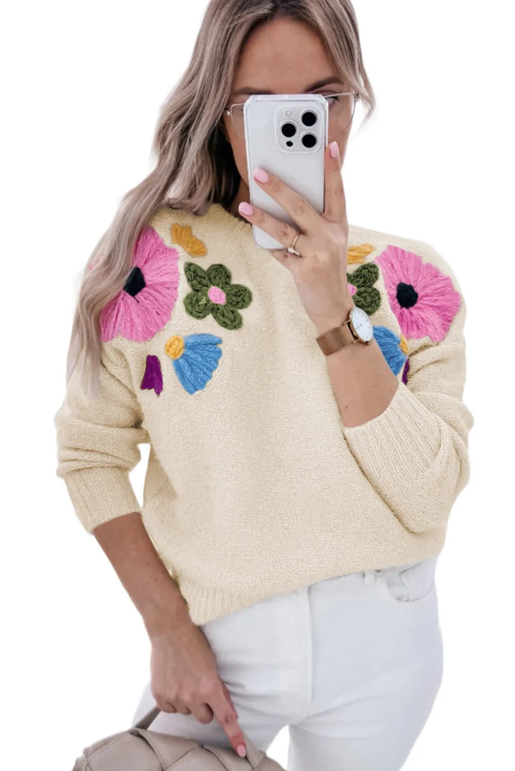 Light Blue Flower Pattern Ribbed Edge Sweater