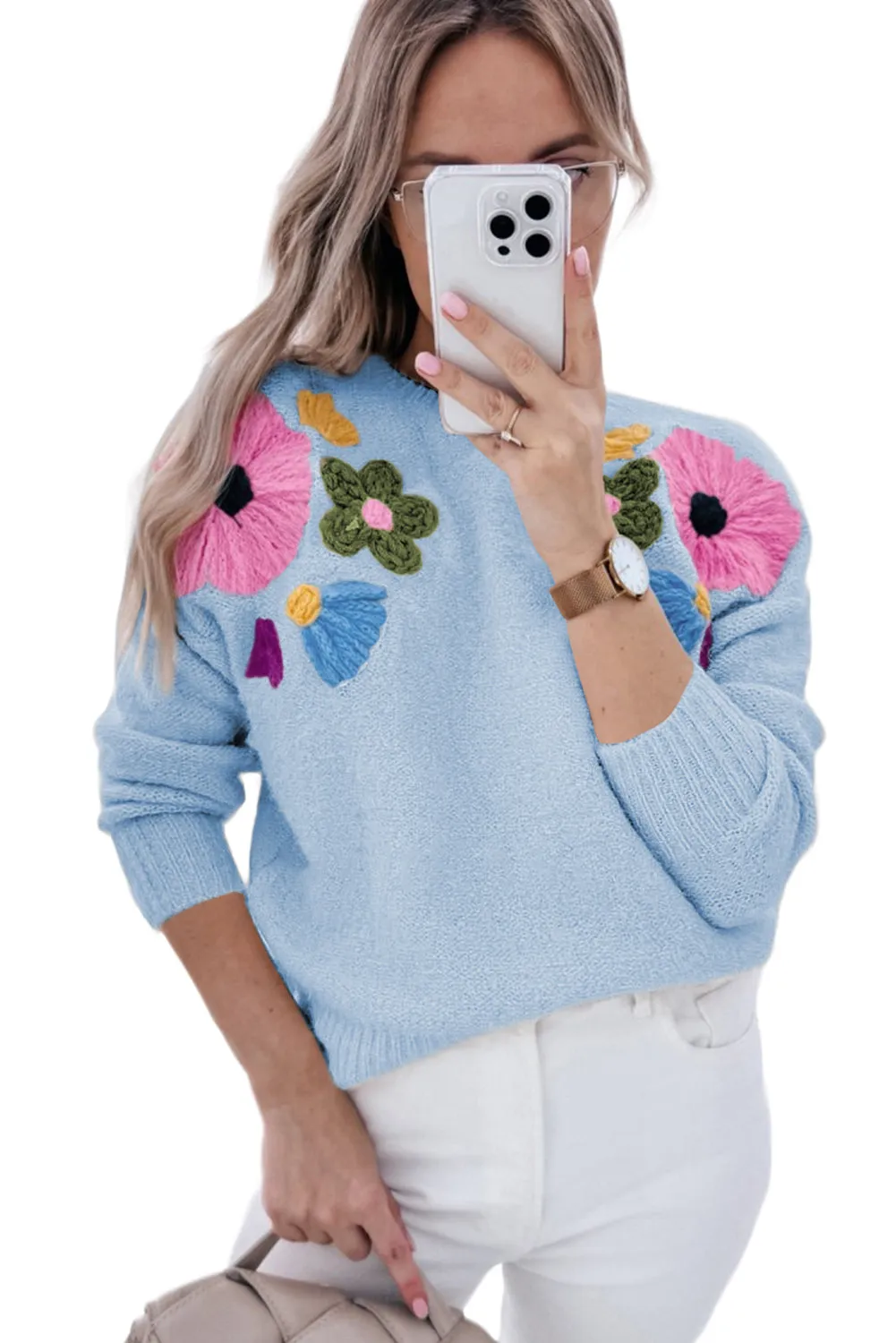 Light Blue Flower Pattern Ribbed Edge Sweater
