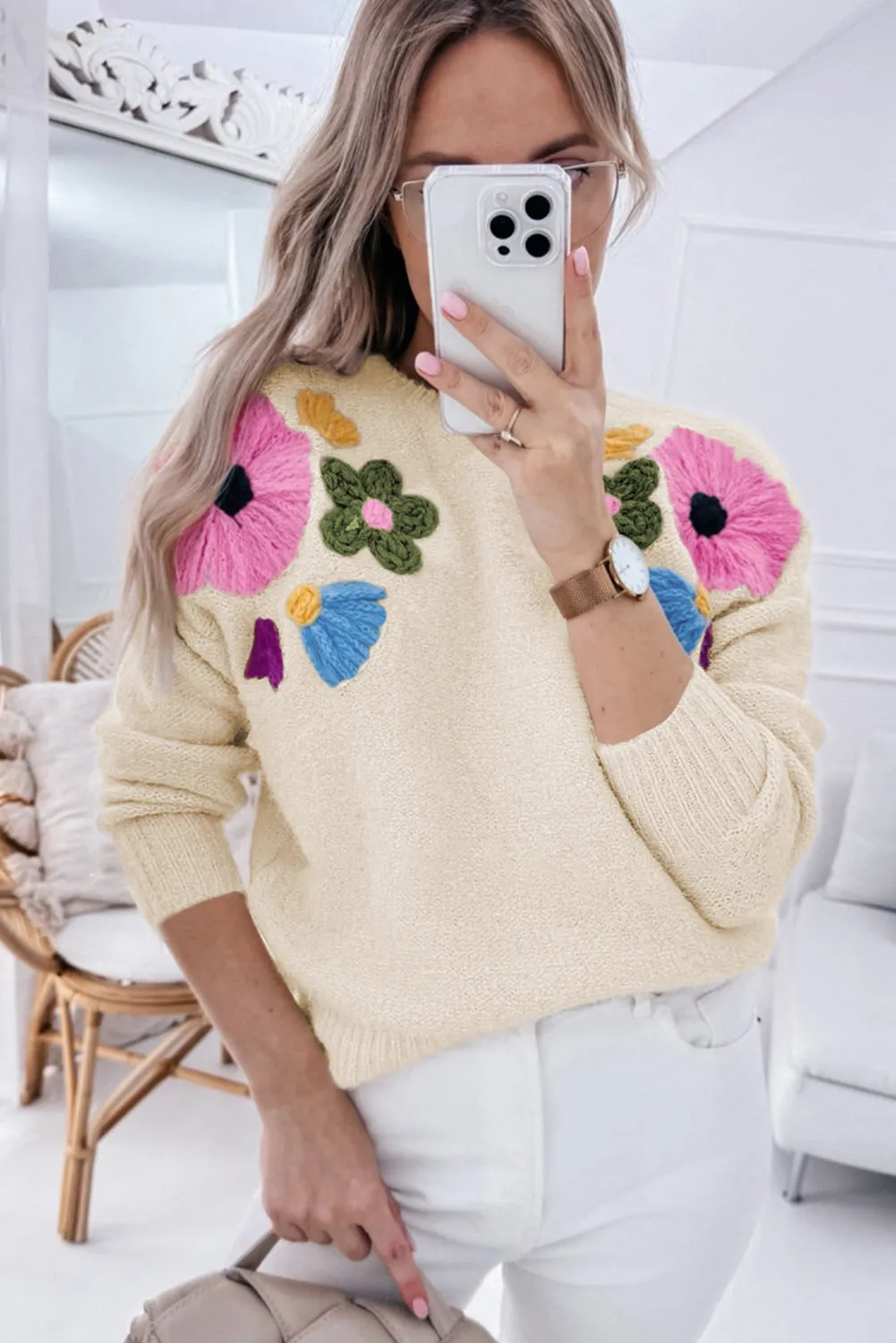 Light Blue Flower Pattern Ribbed Edge Sweater